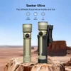 Olight Seeker Ultra rechargeable flashlight with holster on desert rocks showing 4800 lumens and 265 meters range