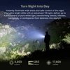 Powerful 4800 lumen LED flashlight illuminating a dark rocky hillside and forest at night.