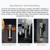 Olight tactical flashlight in multi-functional holster mounted on a belt, car dashboard, and wall for USB-C charging.