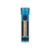 Olight Blue Seeker 4 Pro Flashlight Side View with an illuminated beam in a wooden box, ideal for various lighting needs