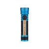 Olight Blue Seeker 4 Pro Flashlight Front View with Orange Stripes and Textured Grip for Outdoor Search and Rescue
