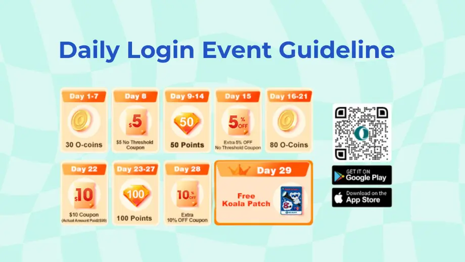 Daily login event guidelines with 29 days of rewards: O-coins, coupons, points, and a Koala Patch. App download options.