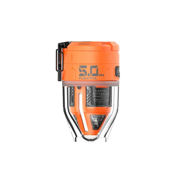 Flextail Max Pump 3 orange portable air pump with transparent shell on white background