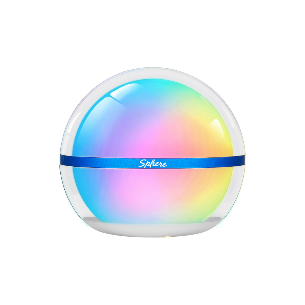 Sphere smart lamp, clear orb, colorful gradient light, blue "Sphere" band