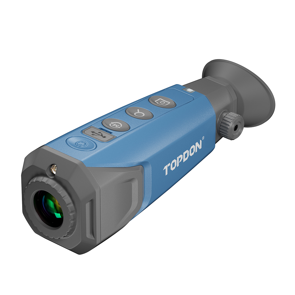 Topdon blue thermal monocular with eyepiece, lens, buttons for thermal imaging, night vision, and outdoor use.