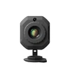 Compact black security camera with octagonal body, clear lens, and small mount, isolated on white.