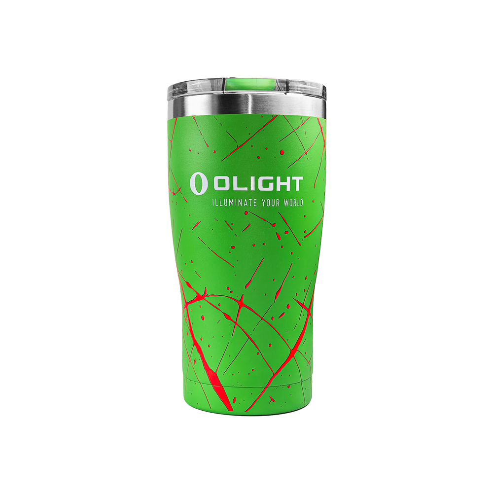 Green Olight stainless steel tumbler with red splatter pattern and clear lid isolated on white background