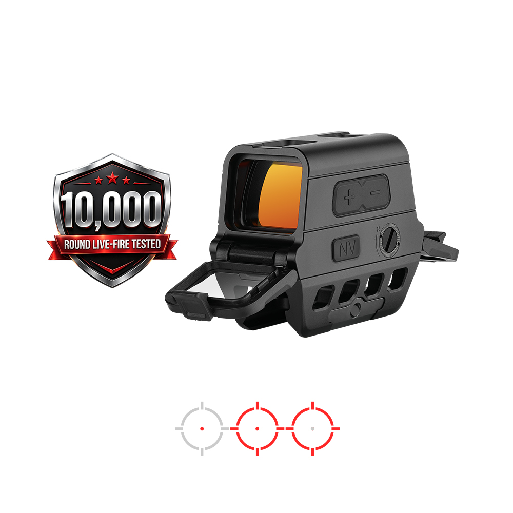 Tactical holographic red dot sight featuring a 10,000 round live-fire tested badge and three reticle options.