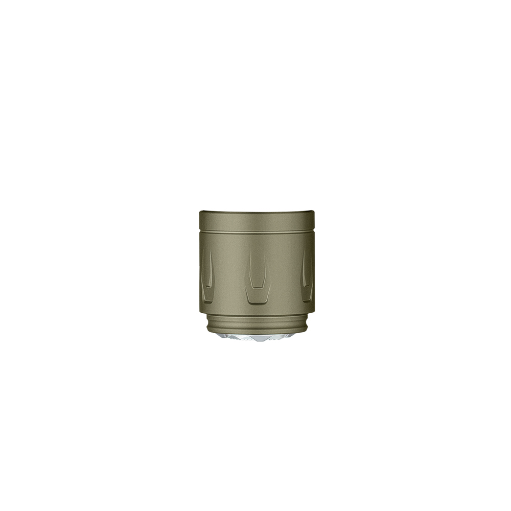Olight Warrior Ultra flashlight head in olive green with textured grip for tactical lighting.