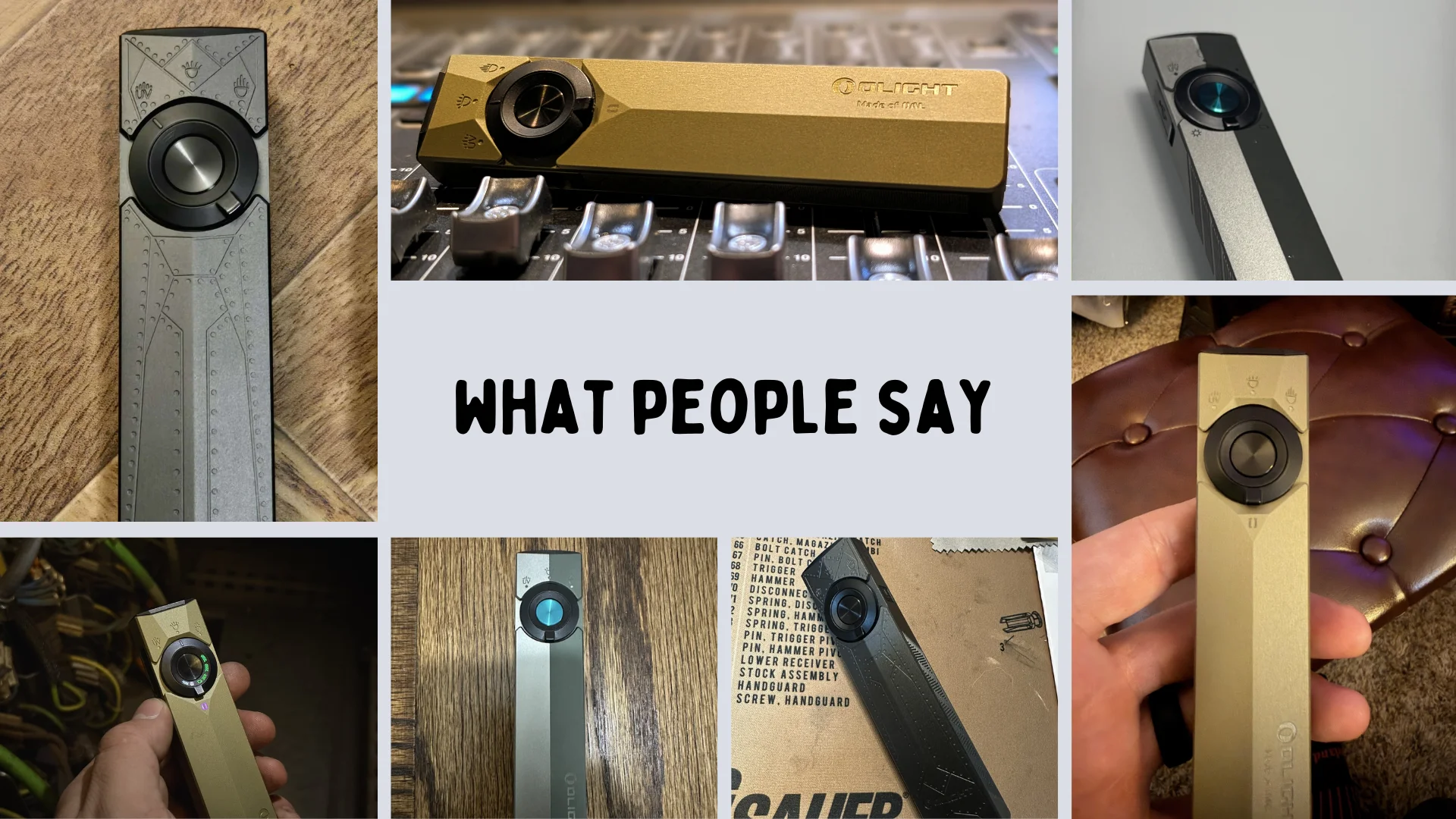 Olight product review collage: detailed shots of gold, grey, black compact flashlights and tools, emphasizing user feedback.