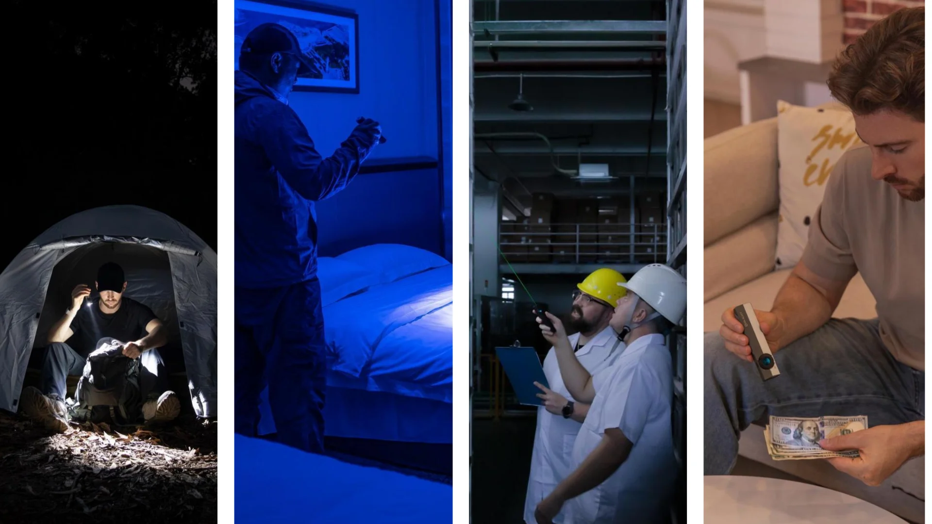 Diverse uses of portable lights: camping, UV inspection, industrial laser, money verification.