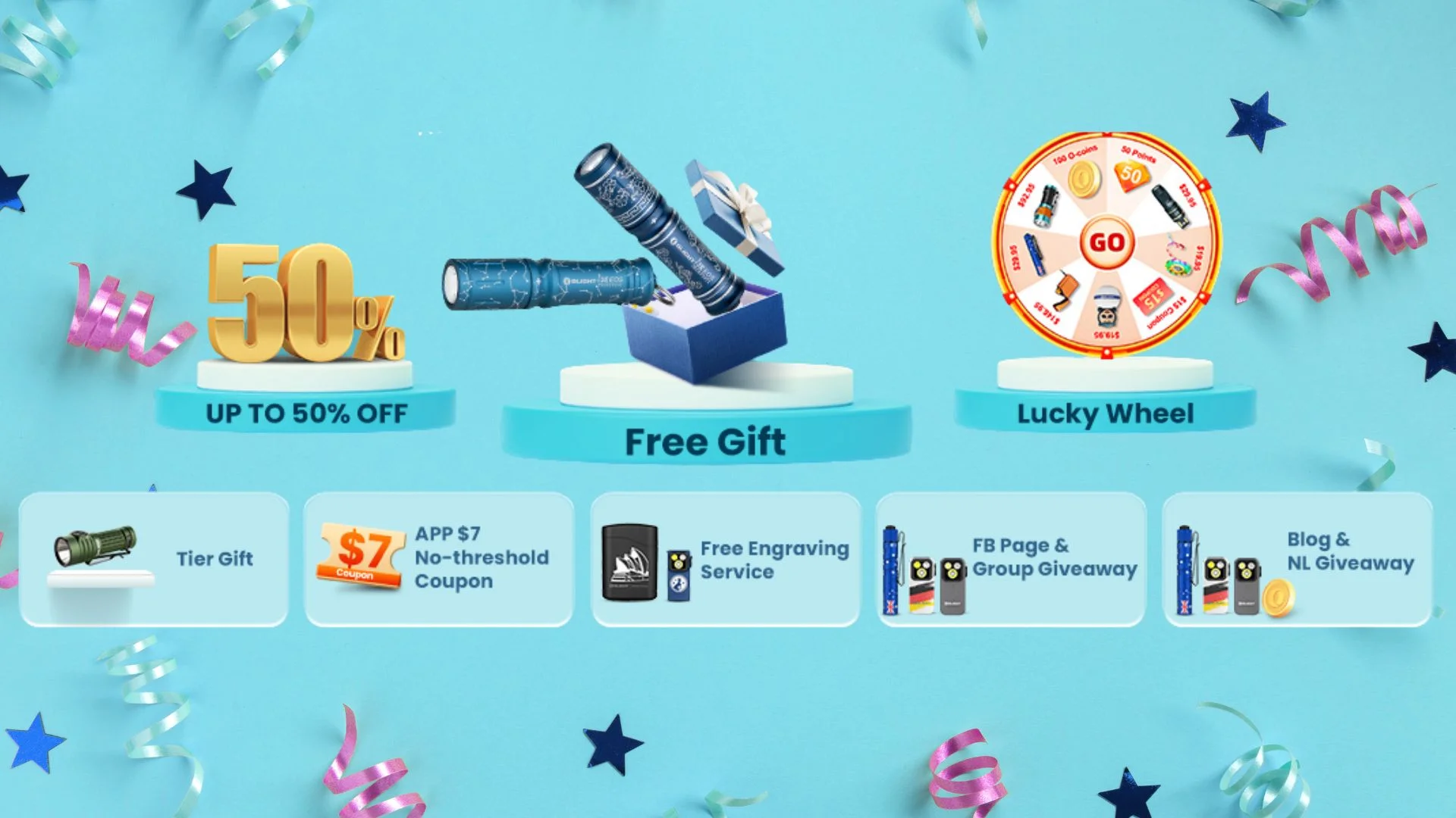 Promotional offers: 50% off, free flashlight, lucky wheel with prizes, $7 coupon, free engraving, social media giveaways.