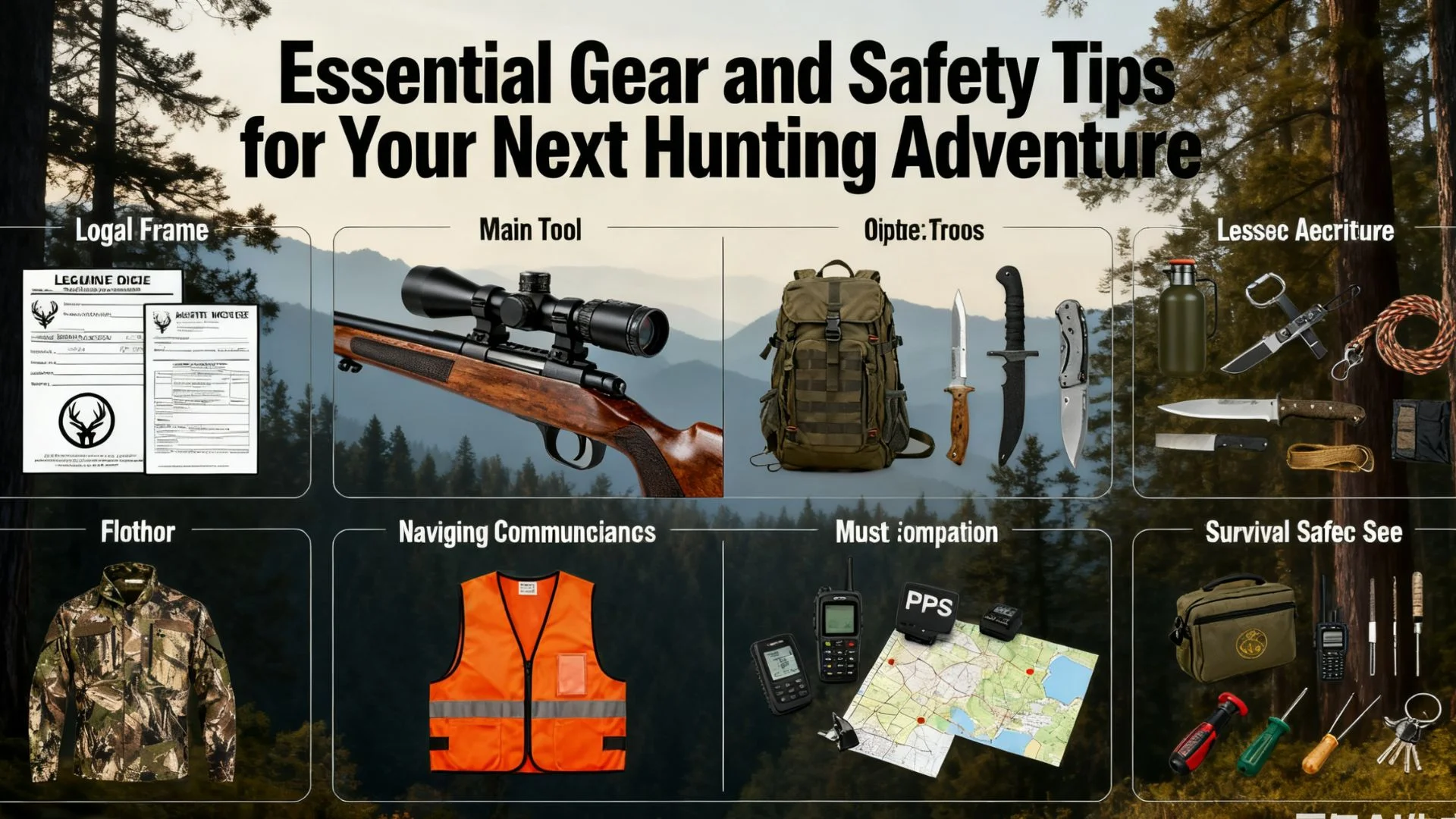 Essential hunting gear: rifle, backpack, knives, camouflage clothing, safety vest, GPS, map, and survival tools.