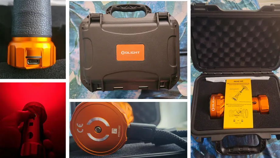 Olight orange flashlight with charging port, red light, protective case, and instructional guide.