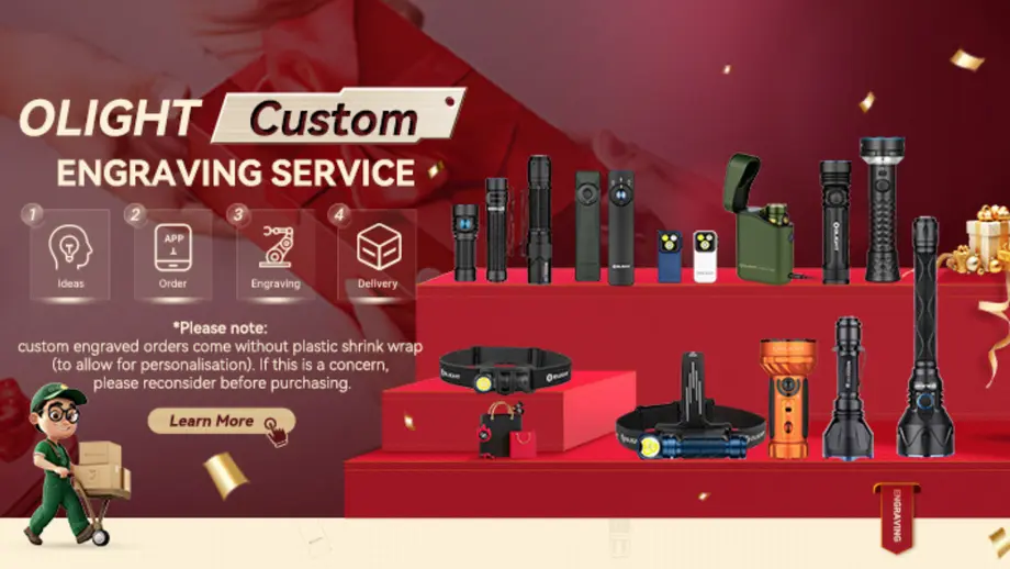 Olight Custom Engraving Service featuring personalized flashlights, headlamps, and process steps.