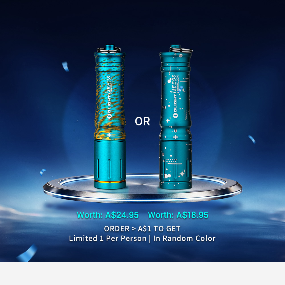 Two Olight i3E EOS blue keychain flashlights on a display stand with promotional offer details against a blue background