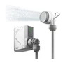 Flextail portable camp shower system showing rechargeable water pump and spraying shower head on white background