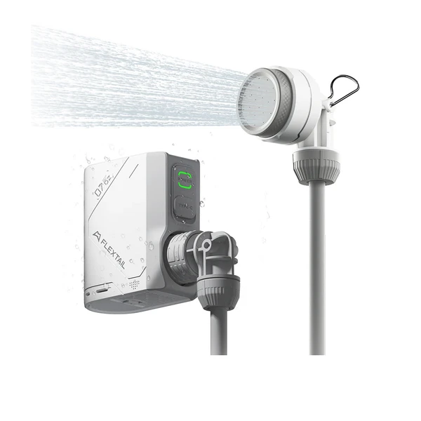 Flextail portable camp shower system showing rechargeable water pump and spraying shower head on white background