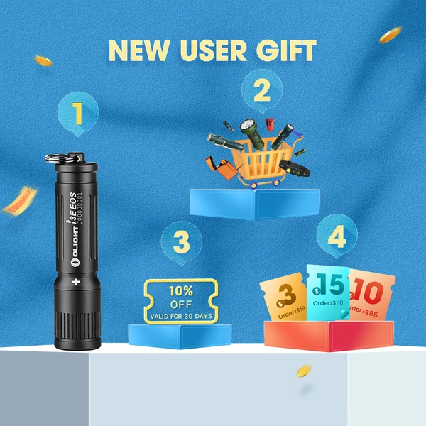 Olight new user gift: 3EEOS flashlight, cart of gear, 10% off, and various spending tier discounts.
