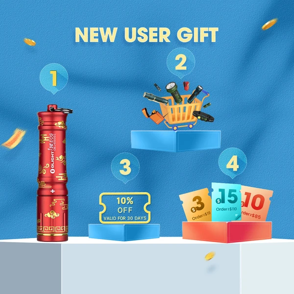 New user gift: red flashlight, shopping cart with flashlights, 10% off coupon, and additional discount coupons.