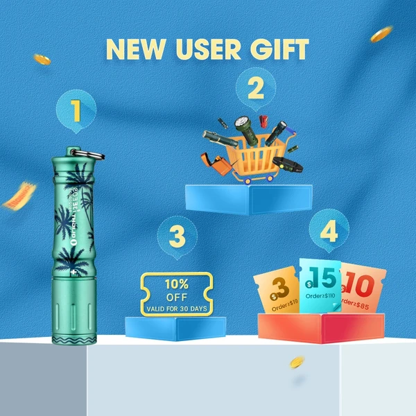 New user gift: flashlight, shopping cart with products, 10% off, and coupons for orders over $19, $110, or $85.